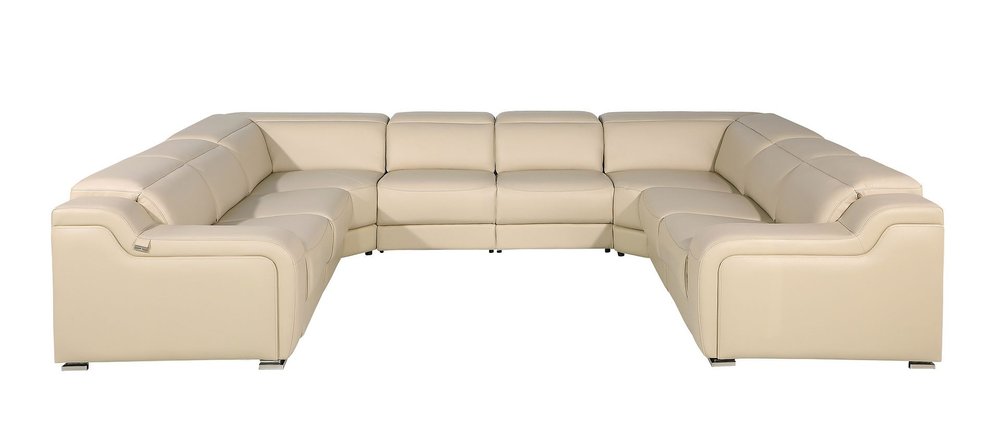 Beige Italian Leather Power Reclining U Shaped Eight Piece Corner Sectional With Console HomeRoots