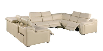 Beige Italian Leather Power Reclining U Shaped Eight Piece Corner Sectional With Console HomeRoots