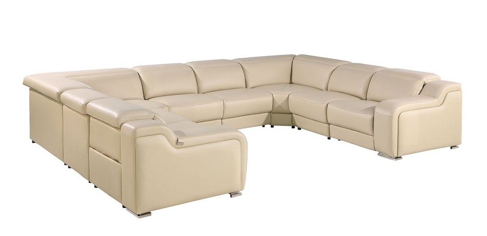 Beige Italian Leather Power Reclining U Shaped Eight Piece Corner Sectional With Console HomeRoots