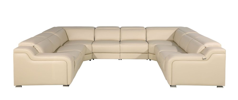 Beige Italian Leather Power Reclining U Shaped Eight Piece Corner Sectional With Console HomeRoots