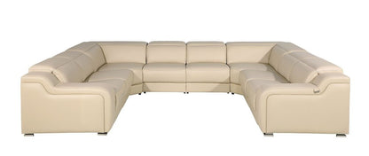Beige Italian Leather Power Reclining U Shaped Eight Piece Corner Sectional With Console HomeRoots