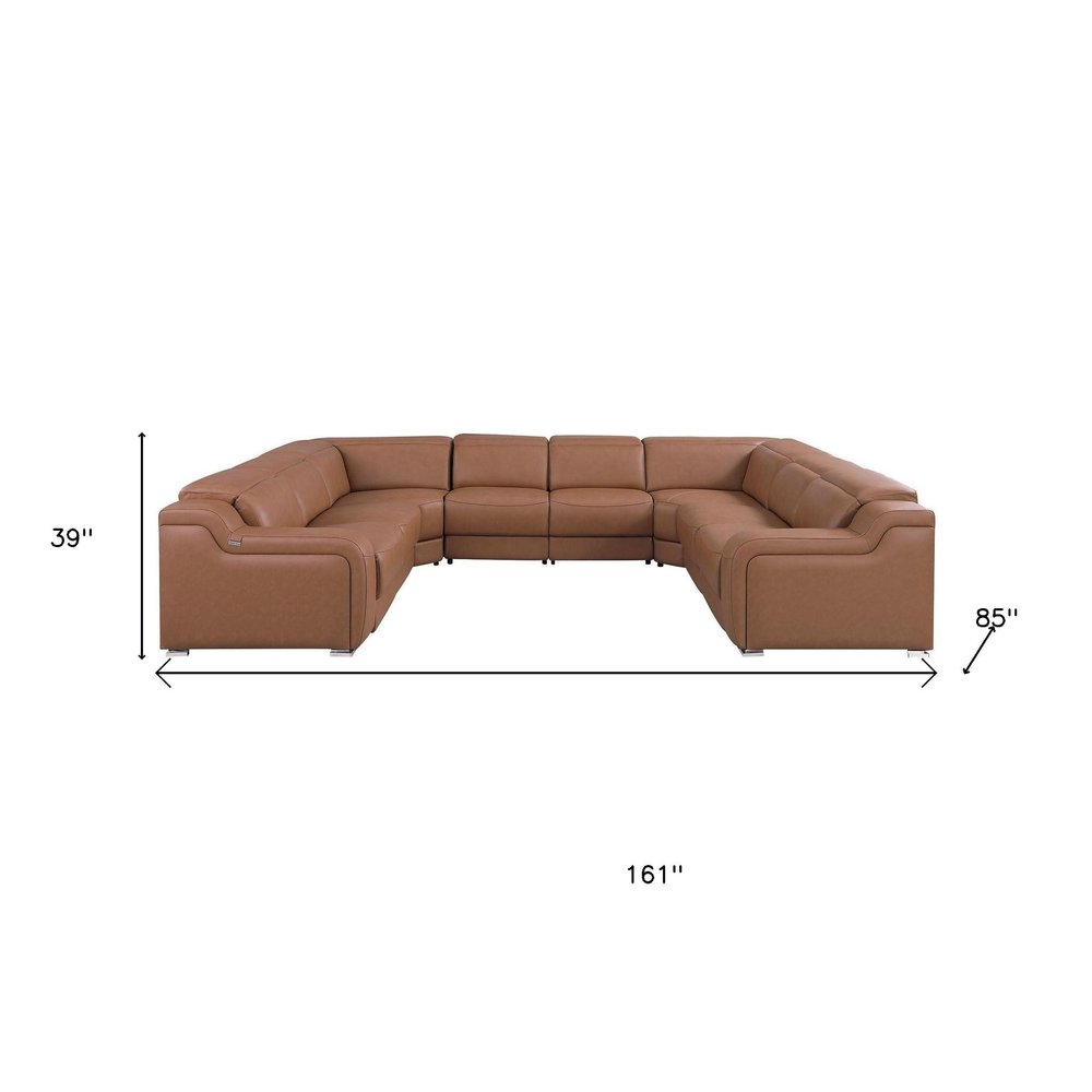 Chestnut Italian Leather Power Reclining U Shaped Eight Piece Corner Sectional With Console HomeRoots