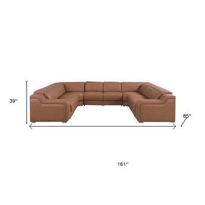 Chestnut Italian Leather Power Reclining U Shaped Eight Piece Corner Sectional With Console HomeRoots