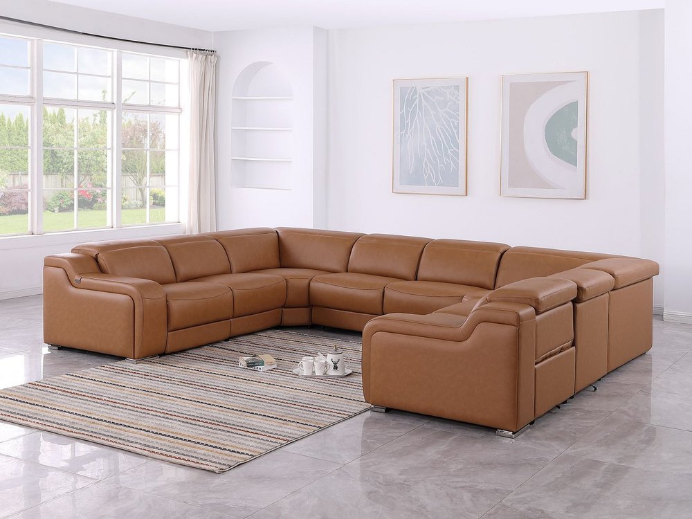 Chestnut Italian Leather Power Reclining U Shaped Eight Piece Corner Sectional With Console HomeRoots