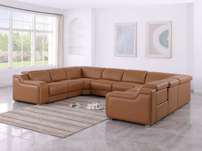 Chestnut Italian Leather Power Reclining U Shaped Eight Piece Corner Sectional With Console HomeRoots