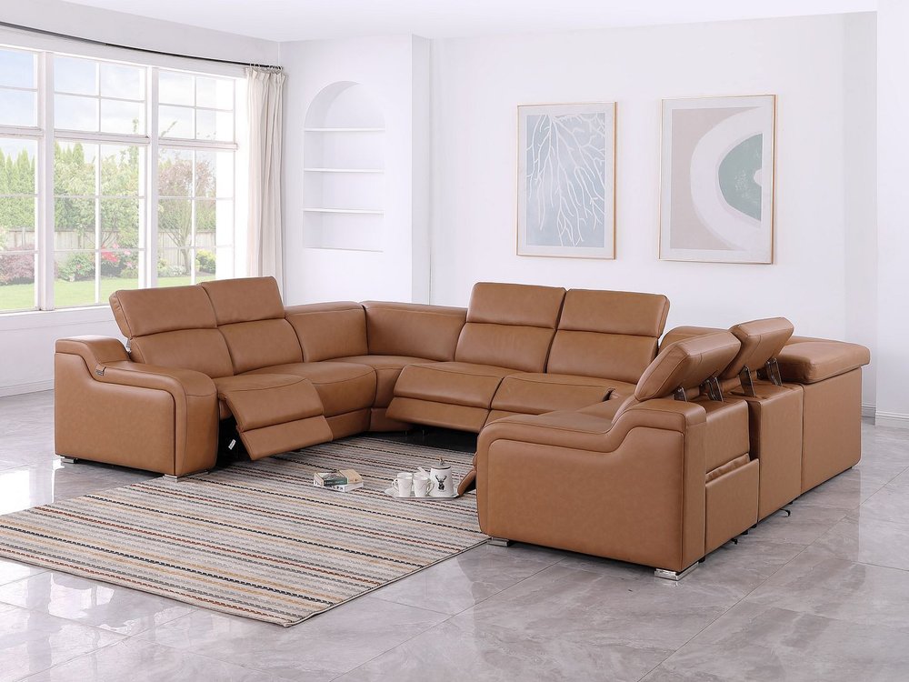 Chestnut Italian Leather Power Reclining U Shaped Eight Piece Corner Sectional With Console HomeRoots