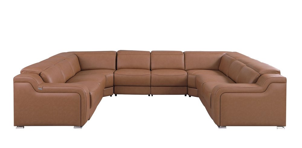 Chestnut Italian Leather Power Reclining U Shaped Eight Piece Corner Sectional With Console HomeRoots