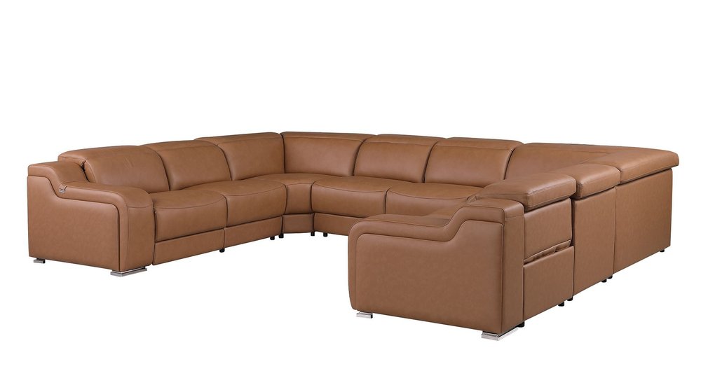 Chestnut Italian Leather Power Reclining U Shaped Eight Piece Corner Sectional With Console HomeRoots
