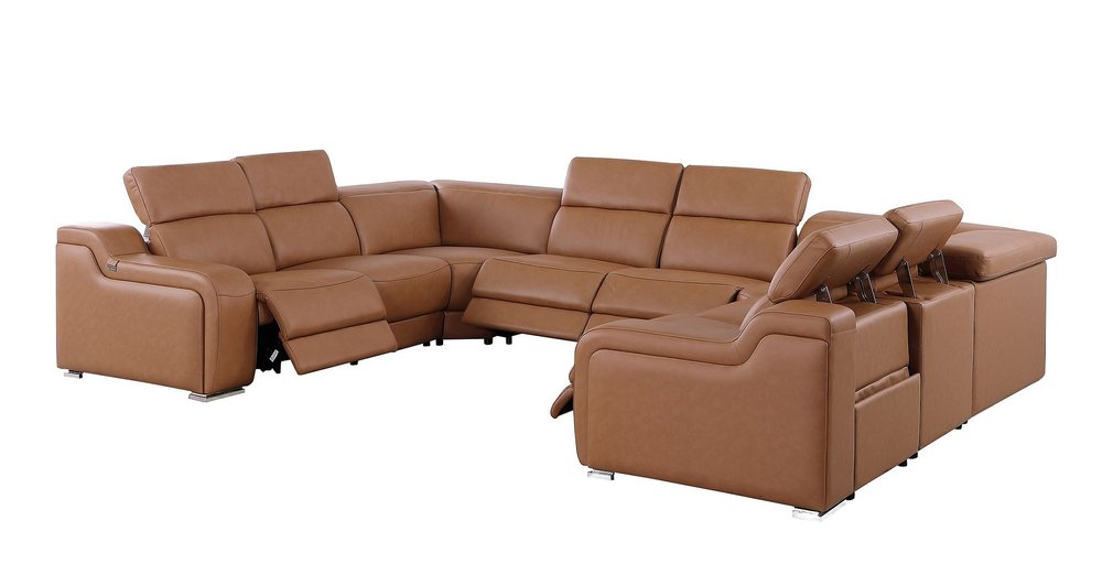 Chestnut Italian Leather Power Reclining U Shaped Eight Piece Corner Sectional With Console HomeRoots