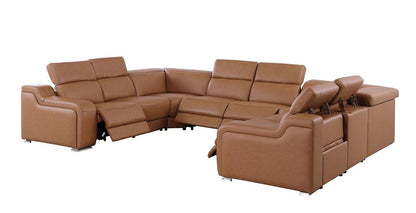 Chestnut Italian Leather Power Reclining U Shaped Eight Piece Corner Sectional With Console HomeRoots