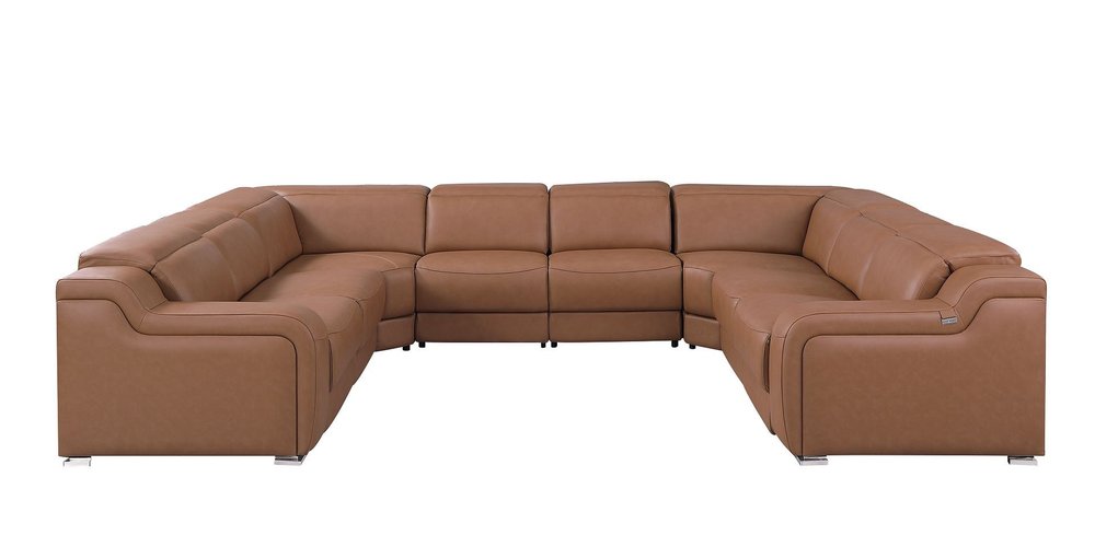 Chestnut Italian Leather Power Reclining U Shaped Eight Piece Corner Sectional With Console HomeRoots
