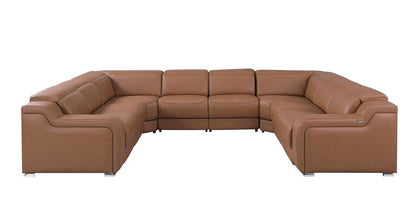 Chestnut Italian Leather Power Reclining U Shaped Eight Piece Corner Sectional With Console HomeRoots