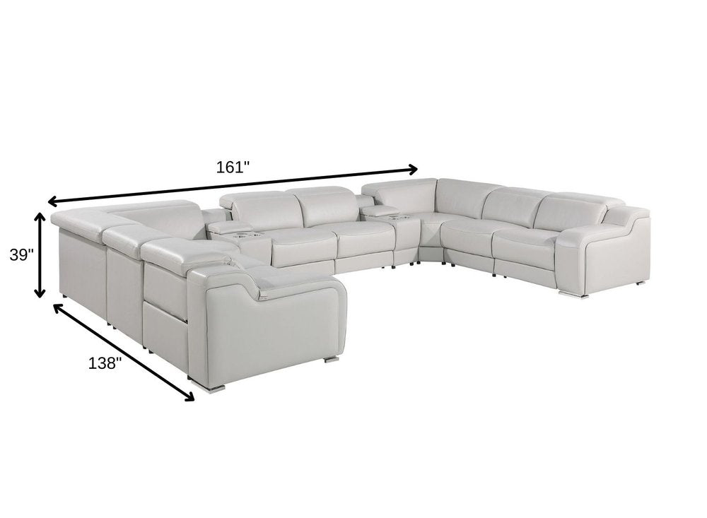 Light Gray Italian Leather Power Reclining U Shaped Ten Piece Corner Sectional With Console HomeRoots