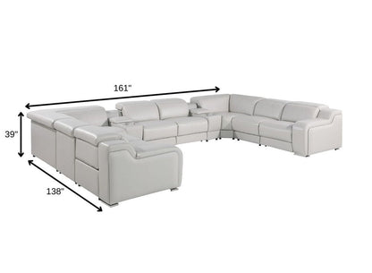 Light Gray Italian Leather Power Reclining U Shaped Ten Piece Corner Sectional With Console HomeRoots