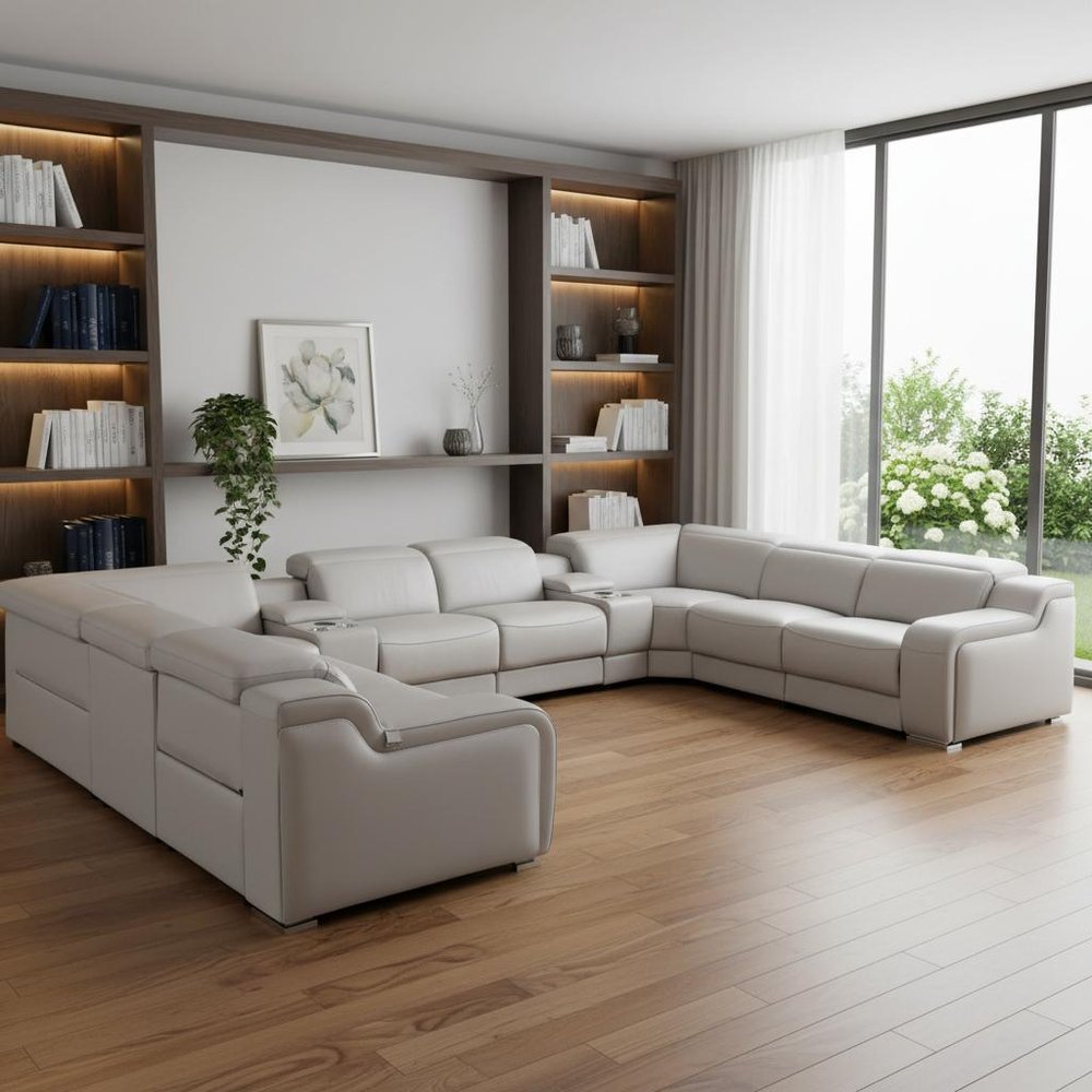 Light Gray Italian Leather Power Reclining U Shaped Ten Piece Corner Sectional With Console HomeRoots