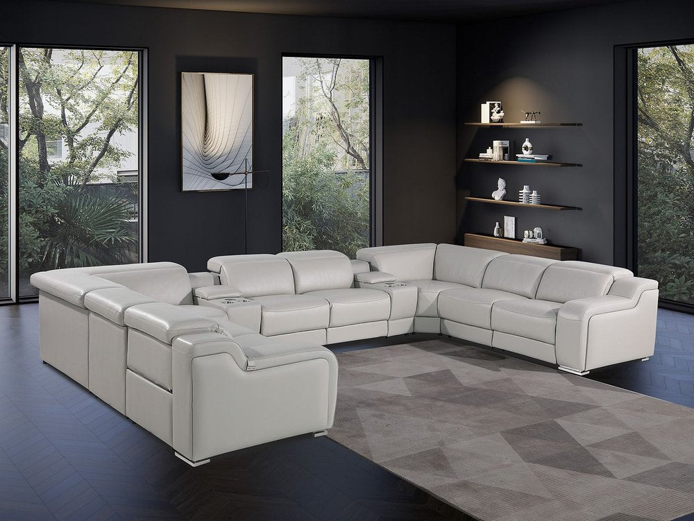 Light Gray Italian Leather Power Reclining U Shaped Ten Piece Corner Sectional With Console HomeRoots
