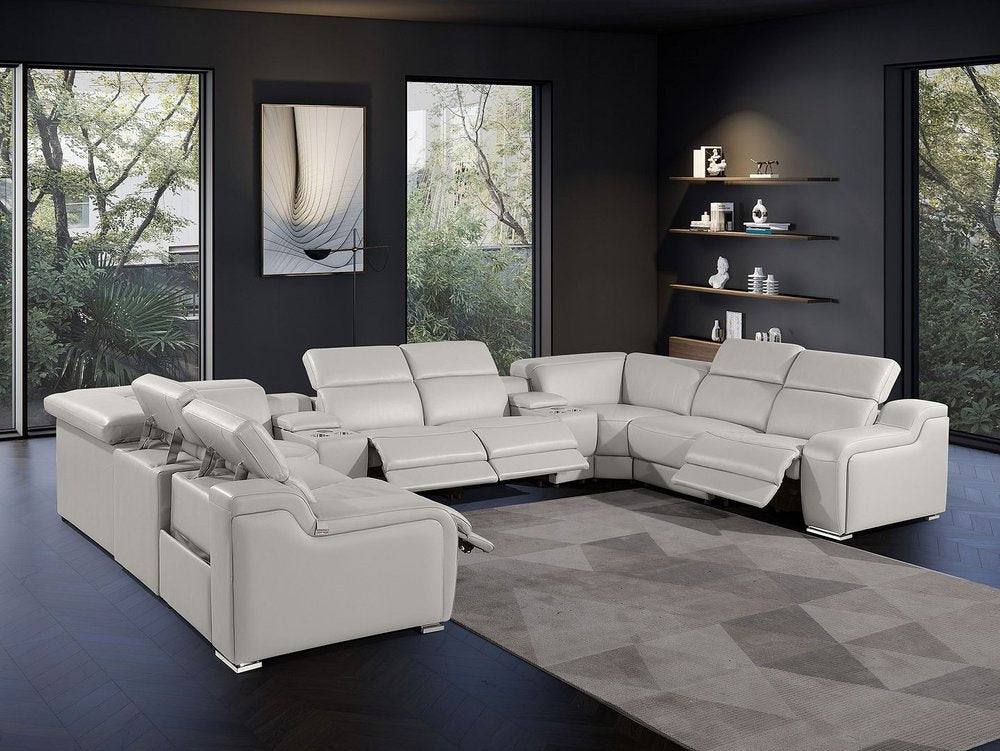Light Gray Italian Leather Power Reclining U Shaped Ten Piece Corner Sectional With Console HomeRoots