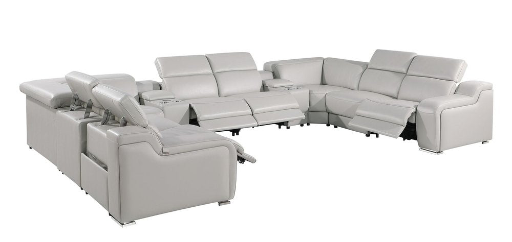 Light Gray Italian Leather Power Reclining U Shaped Ten Piece Corner Sectional With Console HomeRoots