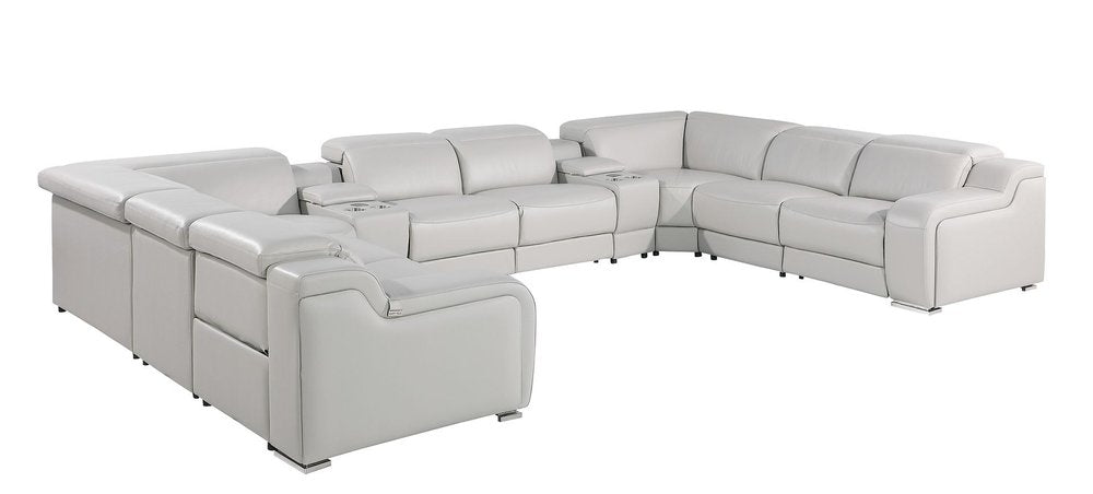 Light Gray Italian Leather Power Reclining U Shaped Ten Piece Corner Sectional With Console HomeRoots