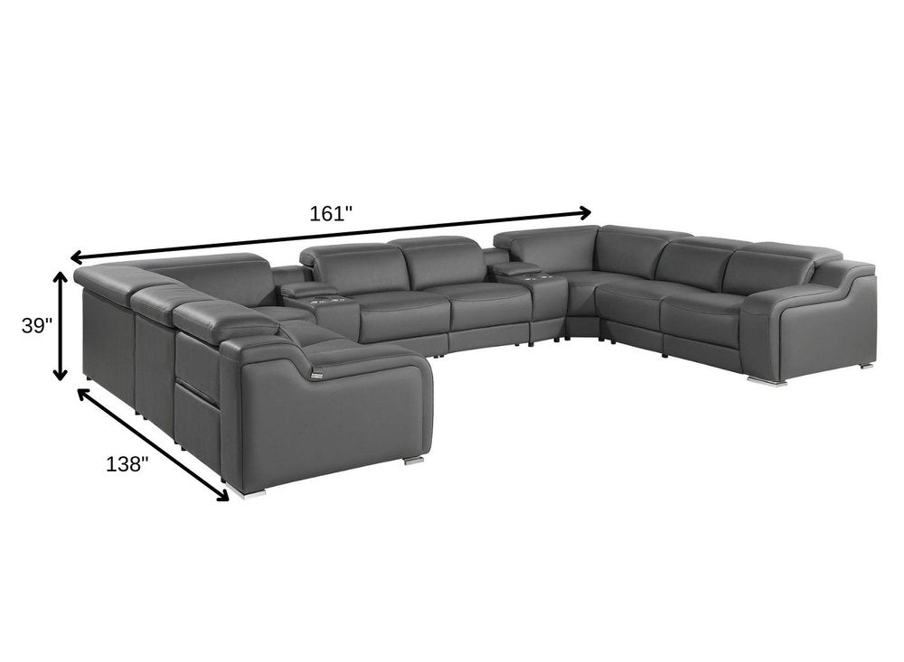 Dark Gray Italian Leather Power Reclining U Shaped Ten Piece Corner Sectional With Console HomeRoots