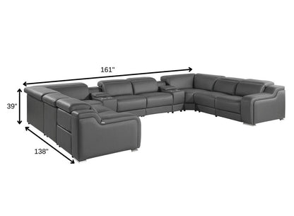 Dark Gray Italian Leather Power Reclining U Shaped Ten Piece Corner Sectional With Console HomeRoots