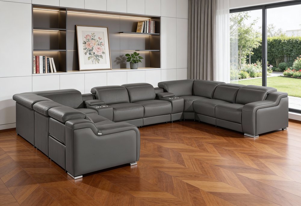Dark Gray Italian Leather Power Reclining U Shaped Ten Piece Corner Sectional With Console HomeRoots