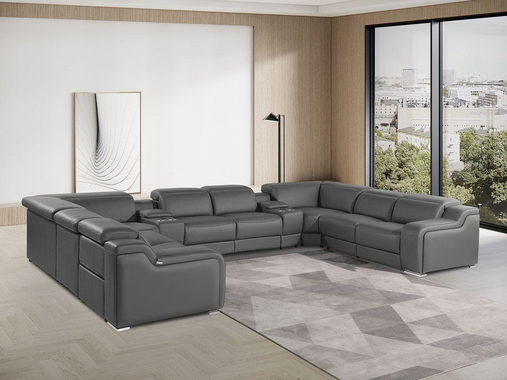 Dark Gray Italian Leather Power Reclining U Shaped Ten Piece Corner Sectional With Console HomeRoots