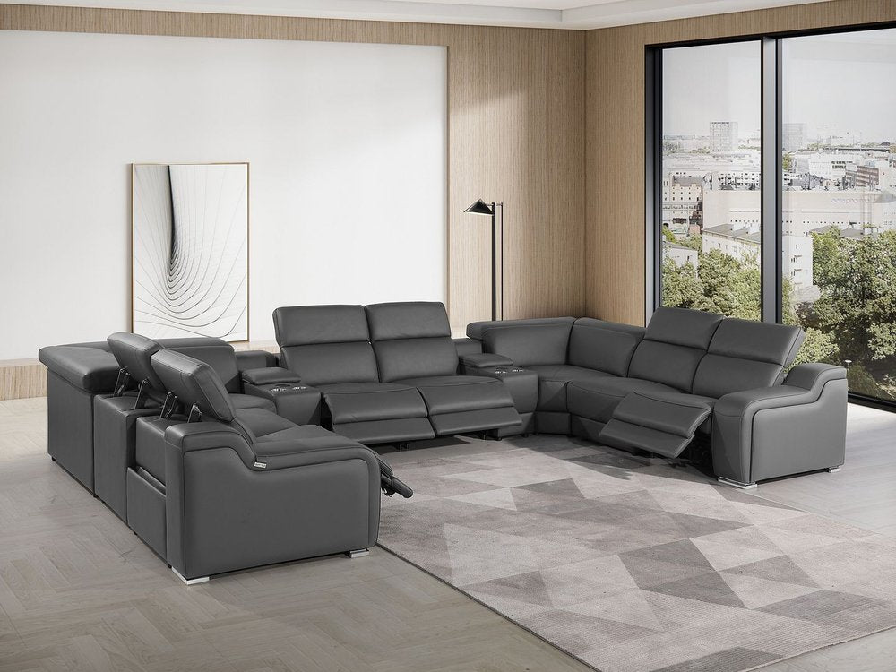 Dark Gray Italian Leather Power Reclining U Shaped Ten Piece Corner Sectional With Console HomeRoots