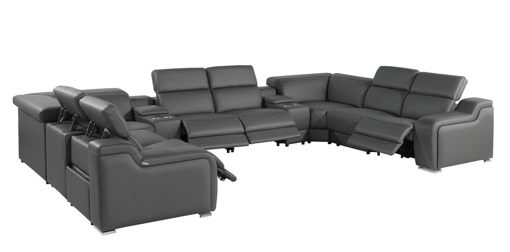 Dark Gray Italian Leather Power Reclining U Shaped Ten Piece Corner Sectional With Console HomeRoots