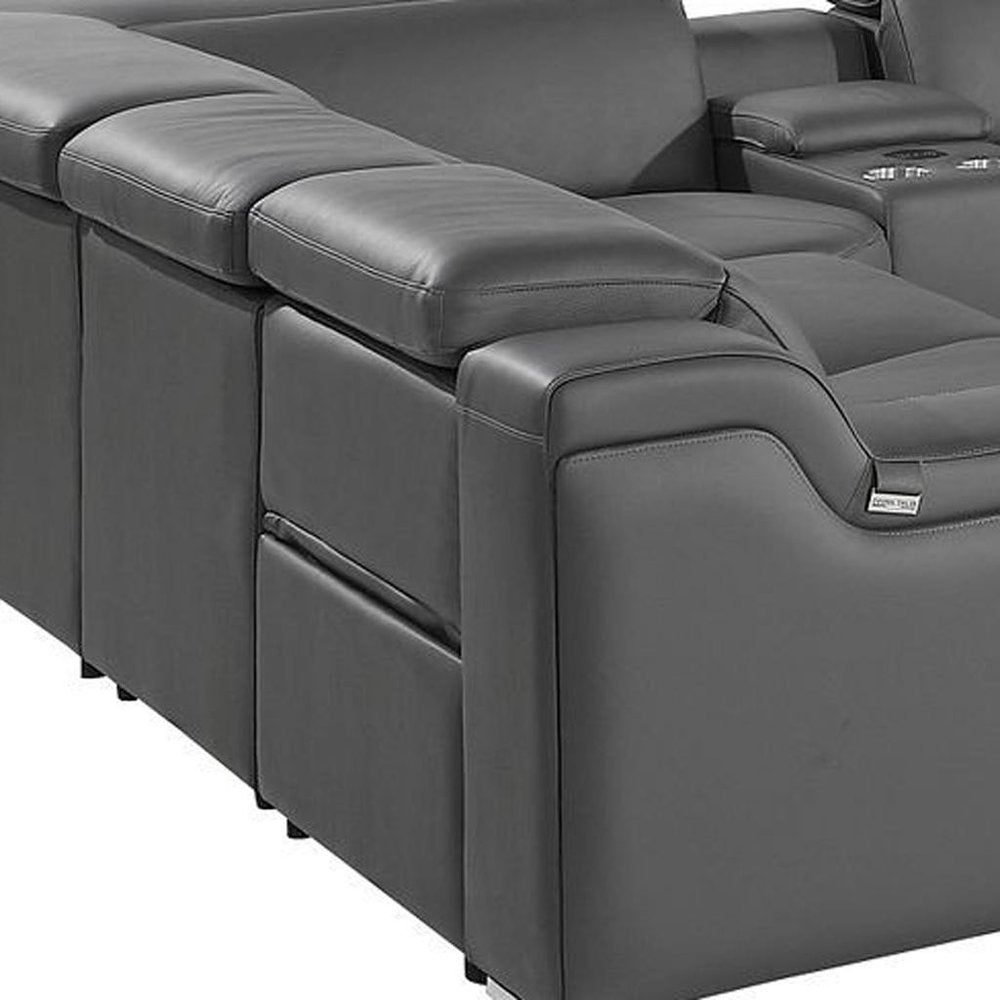 Dark Gray Italian Leather Power Reclining U Shaped Ten Piece Corner Sectional With Console HomeRoots