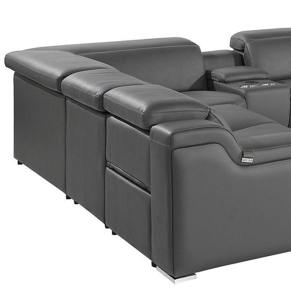 Dark Gray Italian Leather Power Reclining U Shaped Ten Piece Corner Sectional With Console HomeRoots