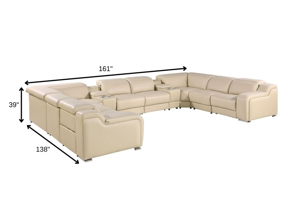Beige Italian Leather Power Reclining U Shaped Ten Piece Corner Sectional With Console HomeRoots