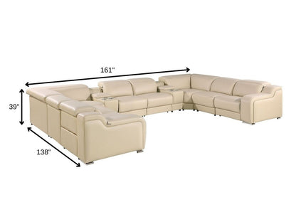 Beige Italian Leather Power Reclining U Shaped Ten Piece Corner Sectional With Console HomeRoots