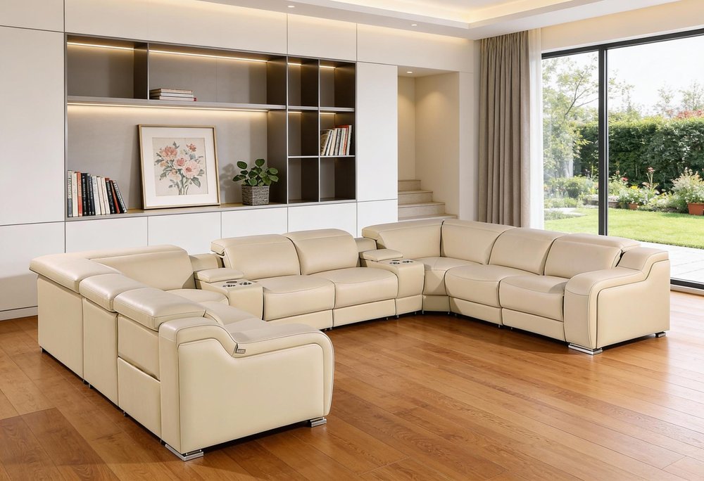 Beige Italian Leather Power Reclining U Shaped Ten Piece Corner Sectional With Console HomeRoots