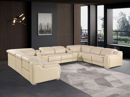 Beige Italian Leather Power Reclining U Shaped Ten Piece Corner Sectional With Console HomeRoots