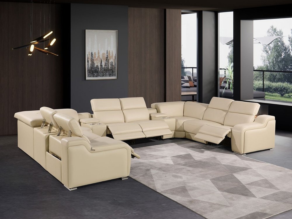 Beige Italian Leather Power Reclining U Shaped Ten Piece Corner Sectional With Console HomeRoots