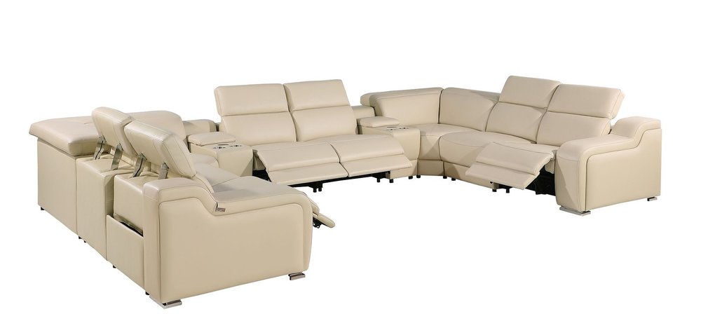 Beige Italian Leather Power Reclining U Shaped Ten Piece Corner Sectional With Console HomeRoots