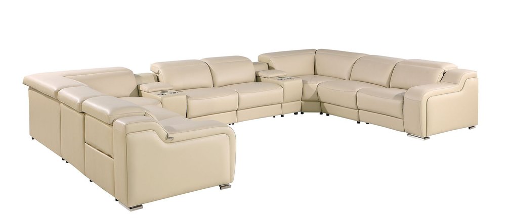 Beige Italian Leather Power Reclining U Shaped Ten Piece Corner Sectional With Console HomeRoots