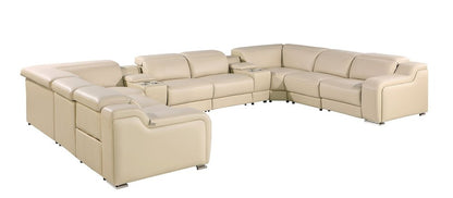 Beige Italian Leather Power Reclining U Shaped Ten Piece Corner Sectional With Console HomeRoots