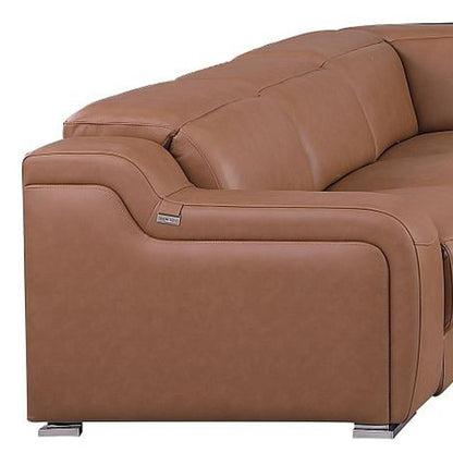 Chestnut Italian Leather Power Reclining U Shaped Ten Piece Corner Sectional With Console HomeRoots