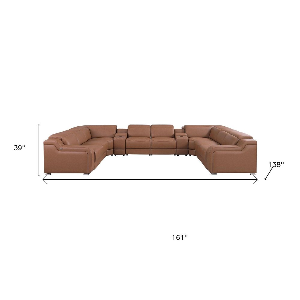Chestnut Italian Leather Power Reclining U Shaped Ten Piece Corner Sectional With Console HomeRoots