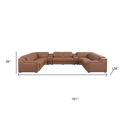 Chestnut Italian Leather Power Reclining U Shaped Ten Piece Corner Sectional With Console HomeRoots