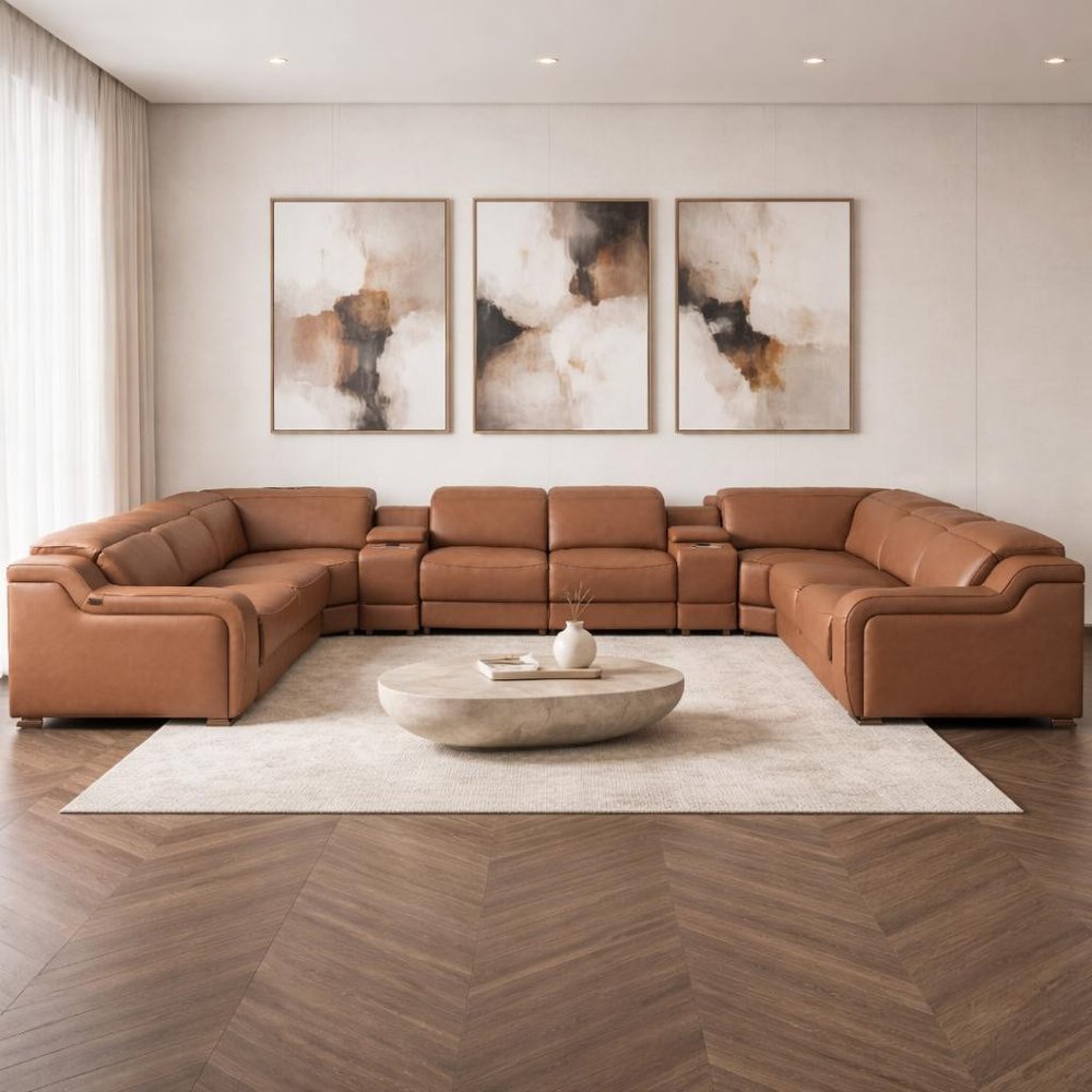 Chestnut Italian Leather Power Reclining U Shaped Ten Piece Corner Sectional With Console HomeRoots