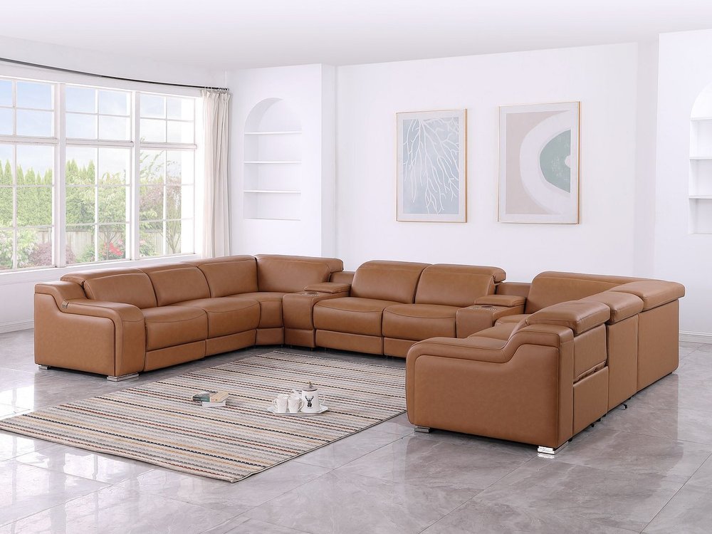 Chestnut Italian Leather Power Reclining U Shaped ten Piece Corner Sectional With Console HomeRoots