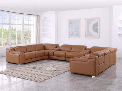 Chestnut Italian Leather Power Reclining U Shaped ten Piece Corner Sectional With Console HomeRoots