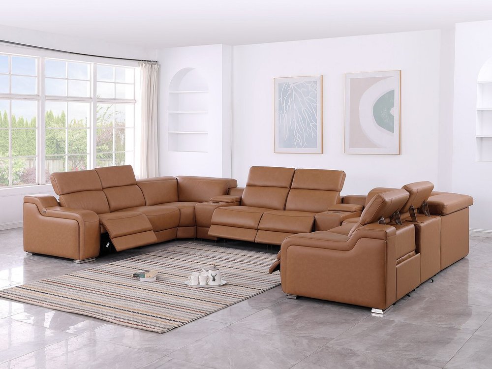 Chestnut Italian Leather Power Reclining U Shaped ten Piece Corner Sectional With Console HomeRoots