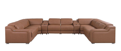 Chestnut Italian Leather Power Reclining U Shaped Ten Piece Corner Sectional With Console HomeRoots