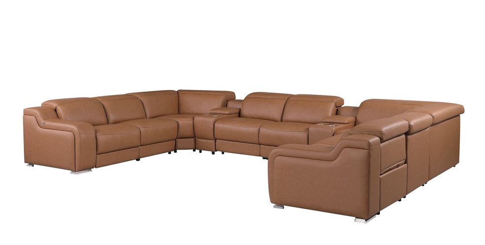 Chestnut Italian Leather Power Reclining U Shaped Ten Piece Corner Sectional With Console HomeRoots