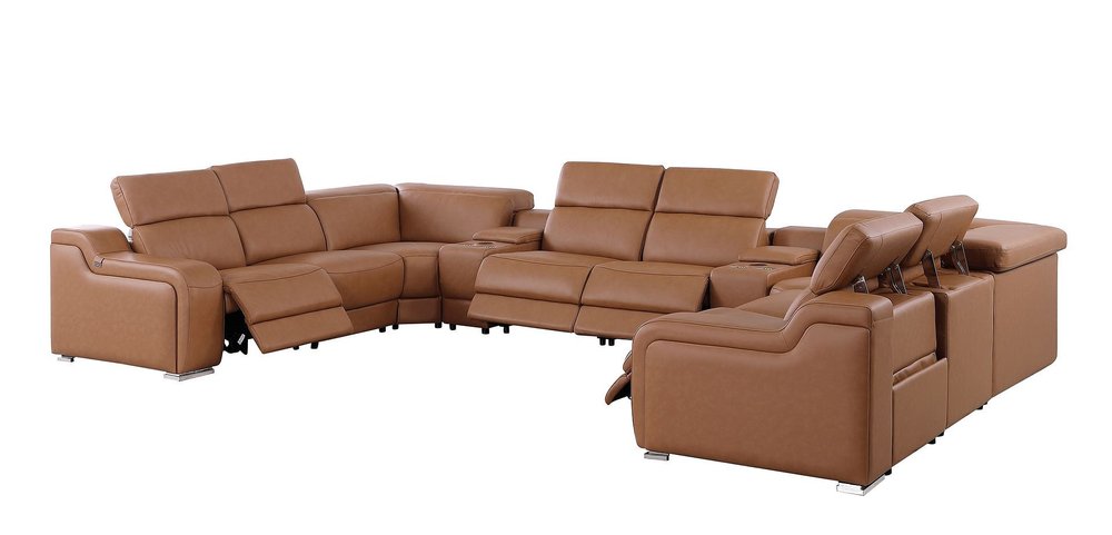 Chestnut Italian Leather Power Reclining U Shaped Ten Piece Corner Sectional With Console HomeRoots