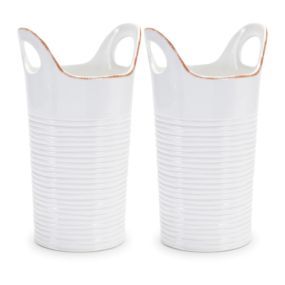 Set of Two White And Beige Ceramic Round Table Vases HomeRoots